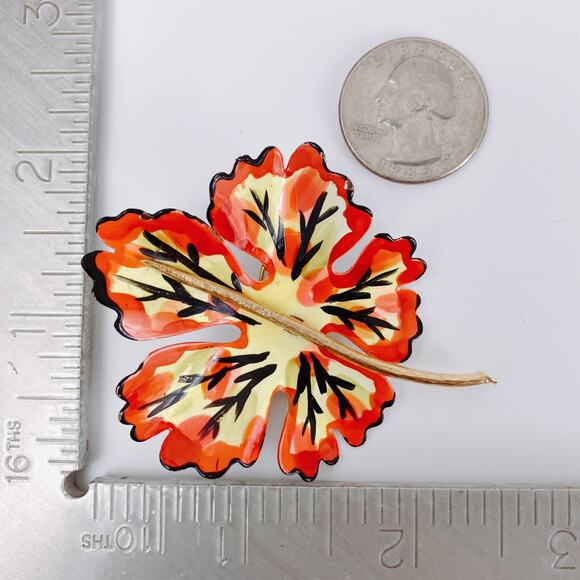 VTG Mid Century Brooch Enamel Leaf Fall Autumn Colors Colorful Metal 50s Jewelry - Picture 8 of 11